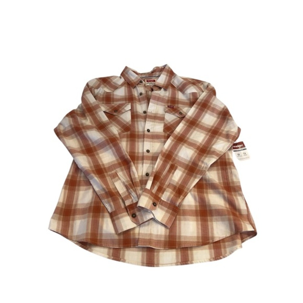 Wrangler Five Star Premium Men's Brown White Plaid Button-Up Shirt XL Long Slee…